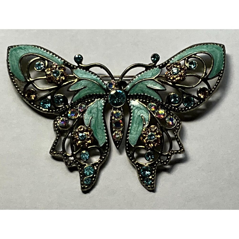 Nina Ricci For Avon Butterfly Brooch Turquoise Enamel Blue Clear Rhinestones